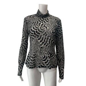 $395 St. John Black White Feather Print LS Mock Neck Pullover Shirt size Medium